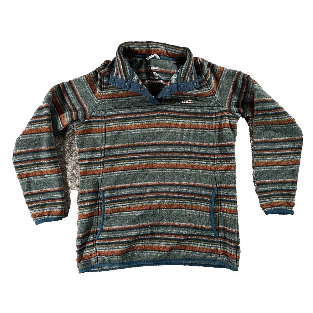 LL Bean Women’s Fleece Sweater Multicolor Striped 1/4 Front Snap Pullover Small